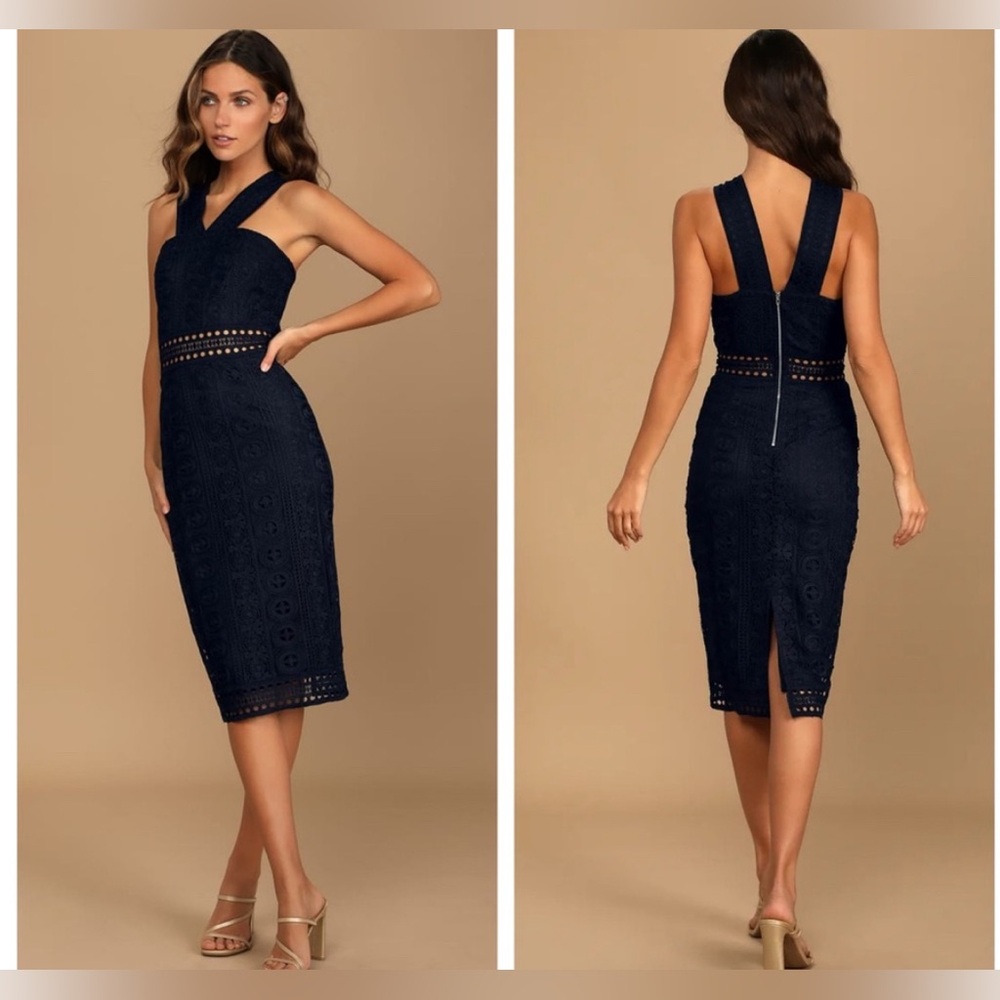Lulu's Midnight Blue Lace Midi Dress large zips lined elegant cocktail cruise